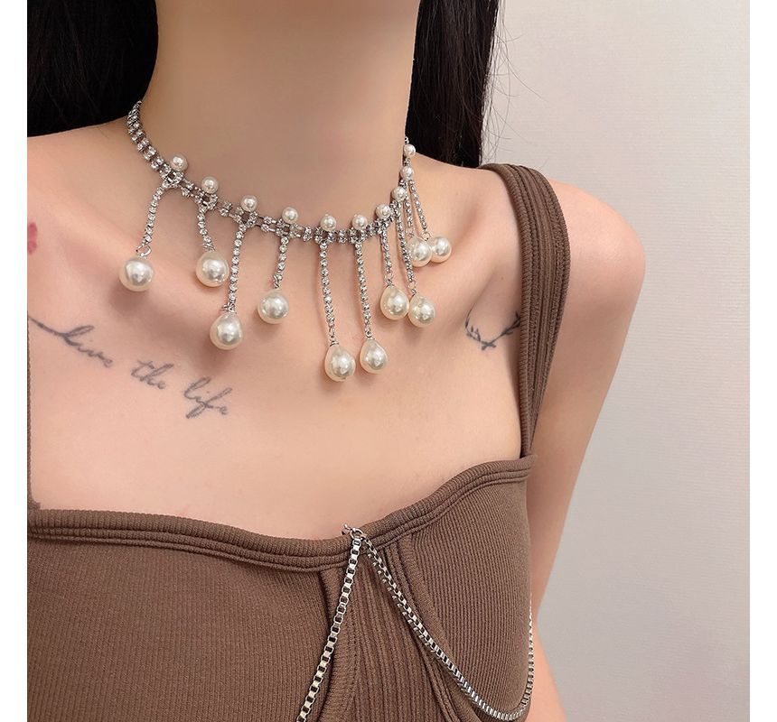 Faux Rhinestone Fringed Alloy Pearl Choker