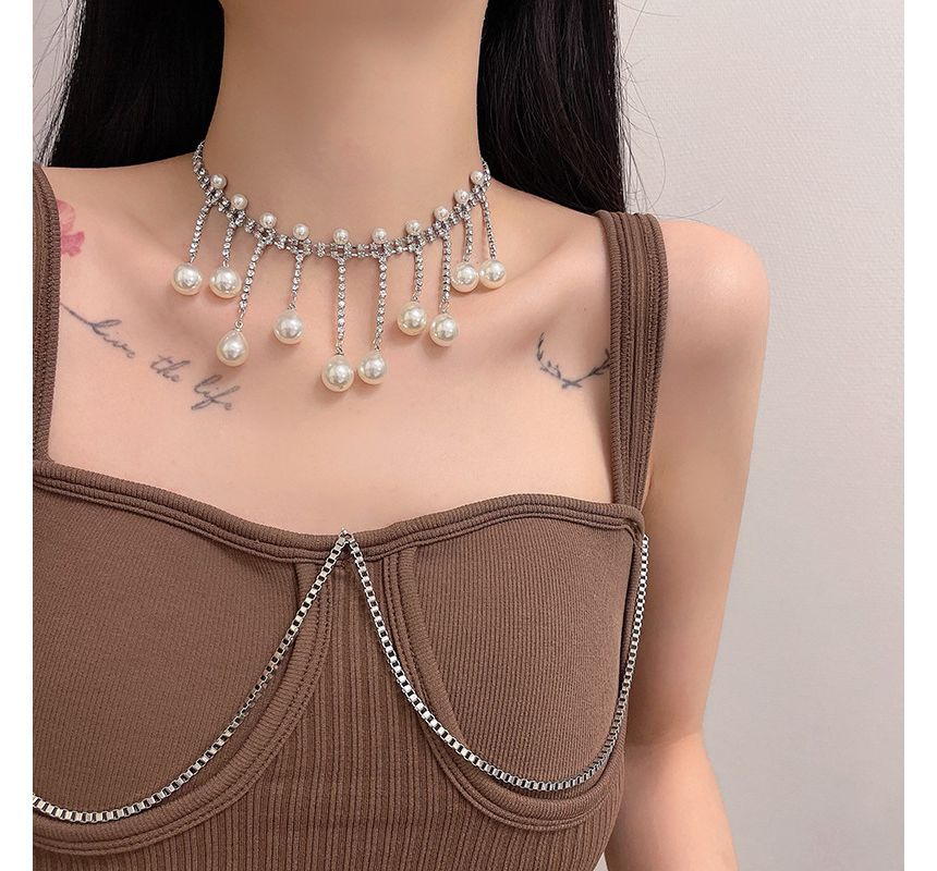 Faux Rhinestone Fringed Alloy Pearl Choker