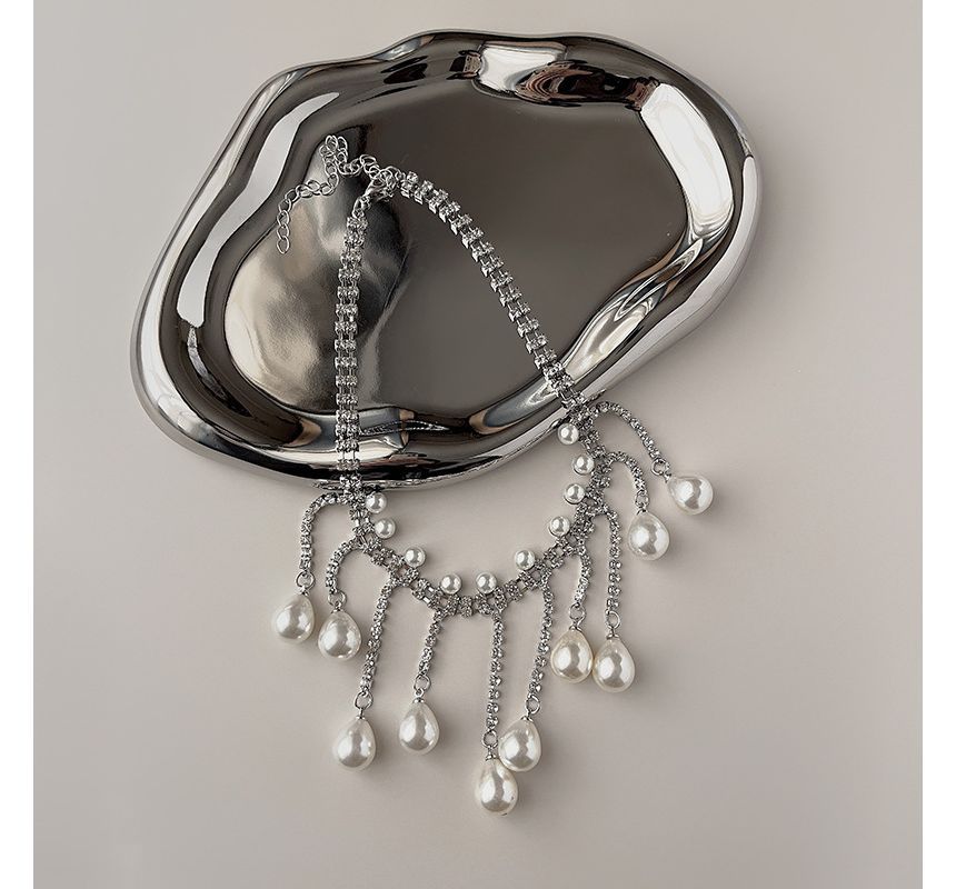 Faux Rhinestone Fringed Alloy Pearl Choker