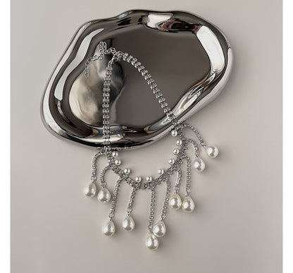 Faux Rhinestone Fringed Alloy Pearl Choker