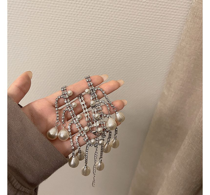 Faux Rhinestone Fringed Alloy Pearl Choker