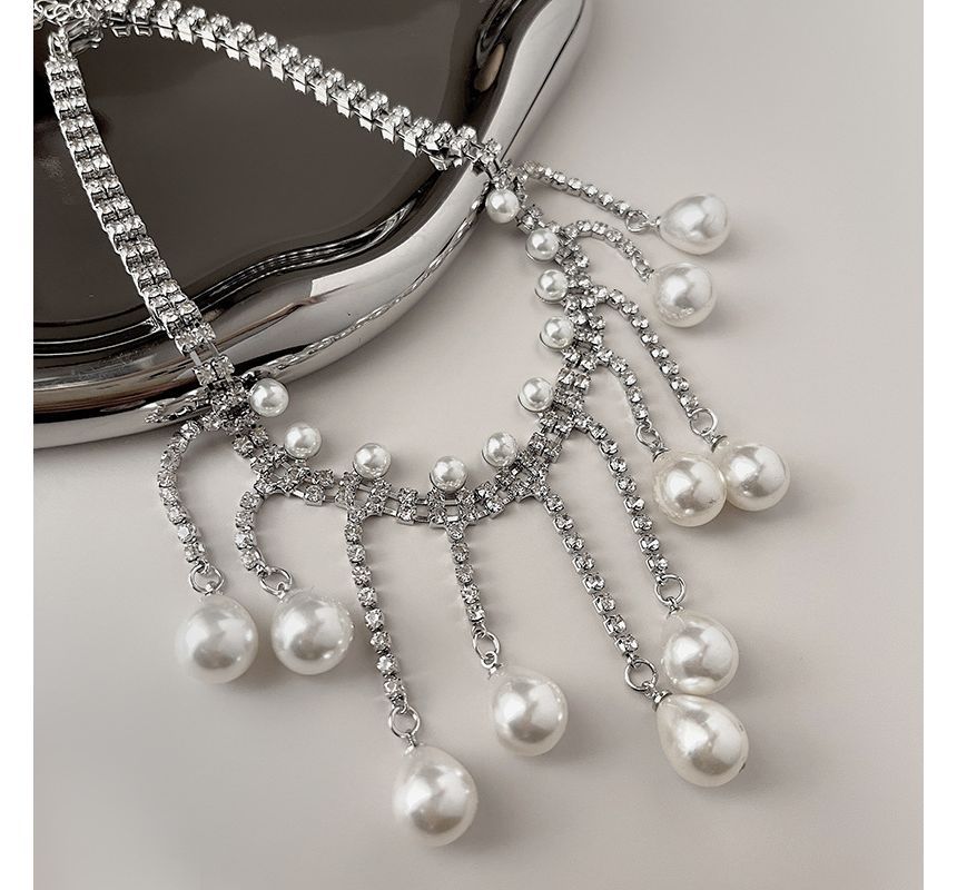 Faux Rhinestone Fringed Alloy Pearl Choker