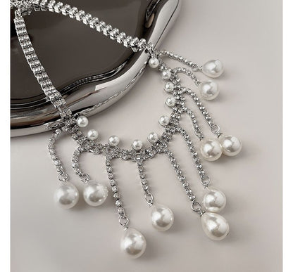 Faux Rhinestone Fringed Alloy Pearl Choker
