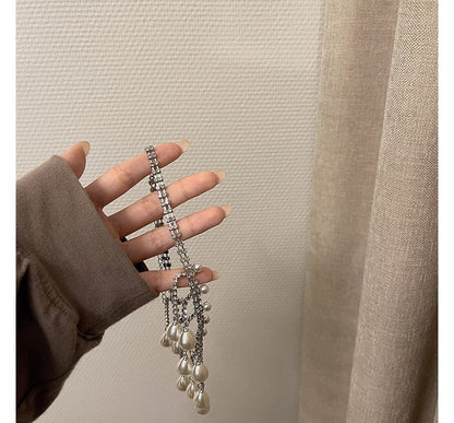 Faux Rhinestone Fringed Alloy Pearl Choker