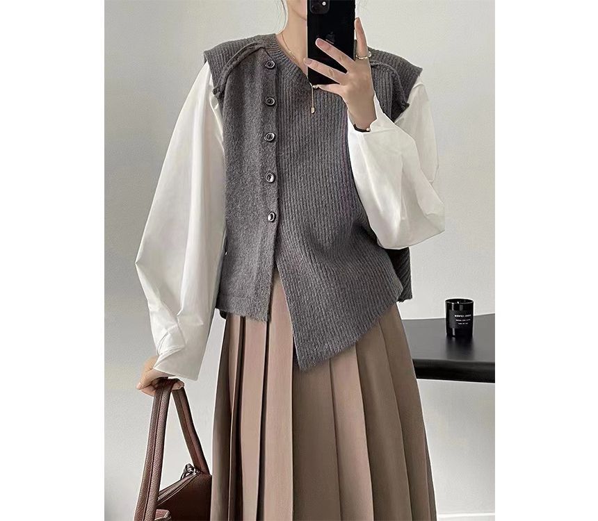 Sweater Neck Button-Up Hem Crew Plain Vest Asymmetrical