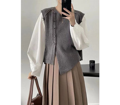 Sweater Neck Button-Up Hem Crew Plain Vest Asymmetrical