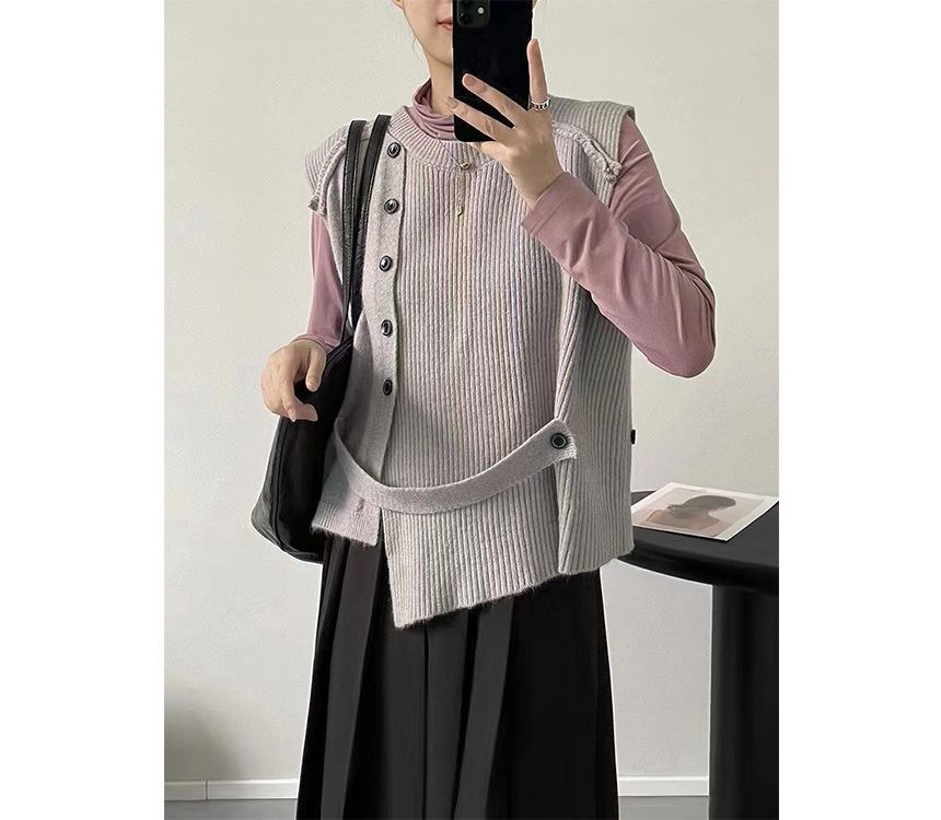 Sweater Neck Button-Up Hem Crew Plain Vest Asymmetrical