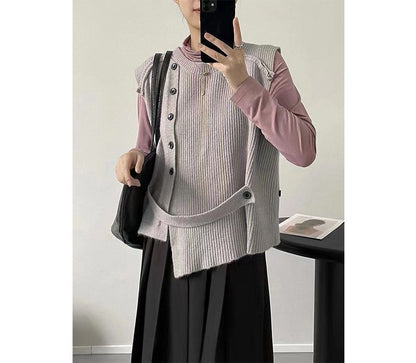 Sweater Neck Button-Up Hem Crew Plain Vest Asymmetrical