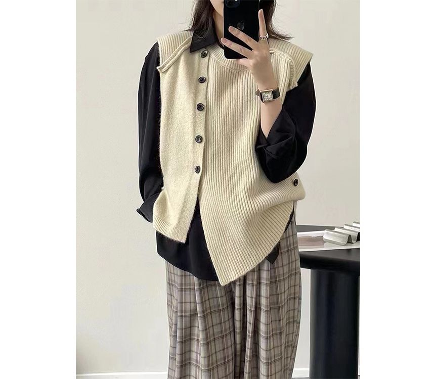 Sweater Neck Button-Up Hem Crew Plain Vest Asymmetrical