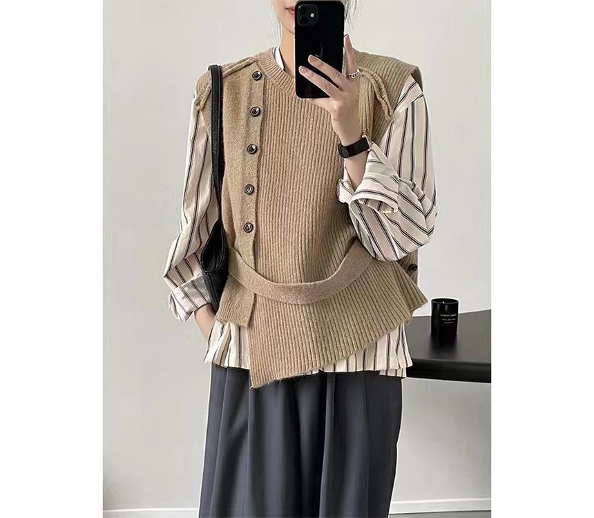 Sweater Neck Button-Up Hem Crew Plain Vest Asymmetrical
