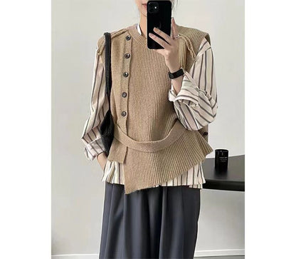 Sweater Neck Button-Up Hem Crew Plain Vest Asymmetrical