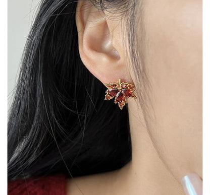 Earring Alloy Leaf Rhinestone