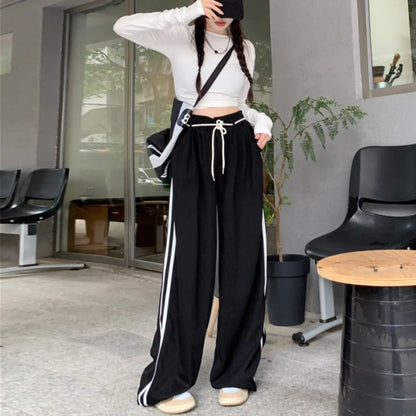 Neck / Plain Drawstring Wide Long-Sleeve Cutout Sweatpants Crop Round Waist Striped Leg Tee