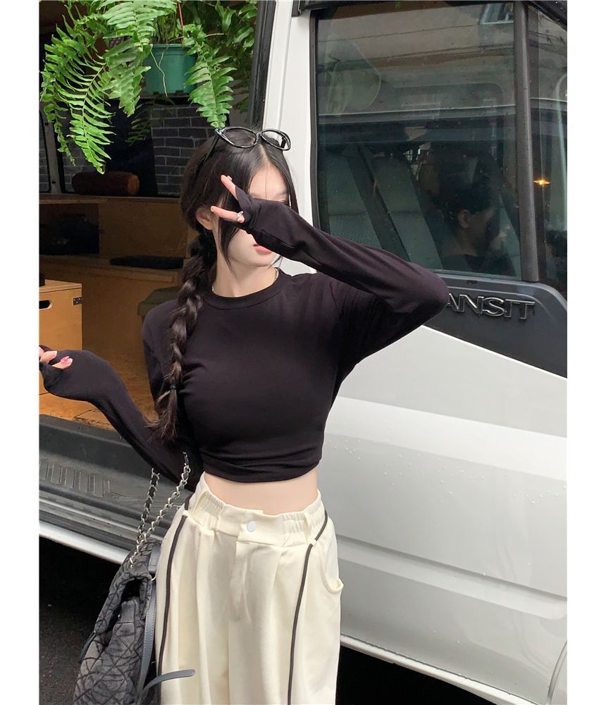 Neck / Plain Drawstring Wide Long-Sleeve Cutout Sweatpants Crop Round Waist Striped Leg Tee