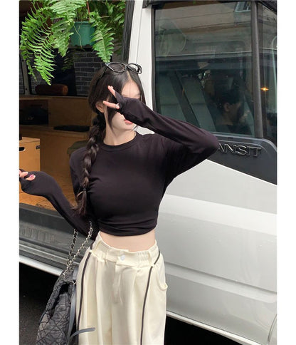 Neck / Plain Drawstring Wide Long-Sleeve Cutout Sweatpants Crop Round Waist Striped Leg Tee