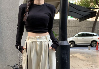 Neck / Plain Drawstring Wide Long-Sleeve Cutout Sweatpants Crop Round Waist Striped Leg Tee