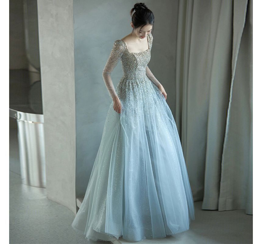 Long-Sleeve Square Neck Mesh A-Line Evening Gown