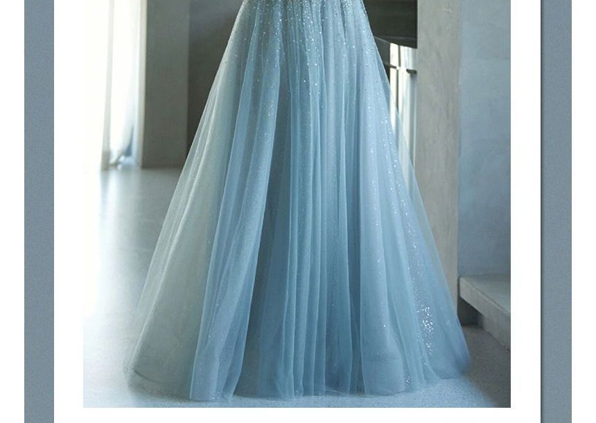 Long-Sleeve Square Neck Mesh A-Line Evening Gown