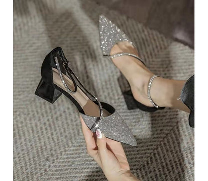 Rhinestone Block Sandals Pointy Heel