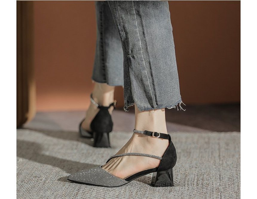 Rhinestone Block Sandals Pointy Heel