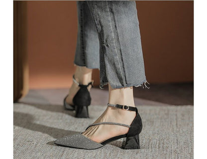 Rhinestone Block Sandals Pointy Heel