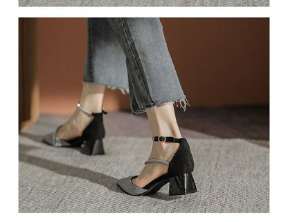 Rhinestone Block Sandals Pointy Heel