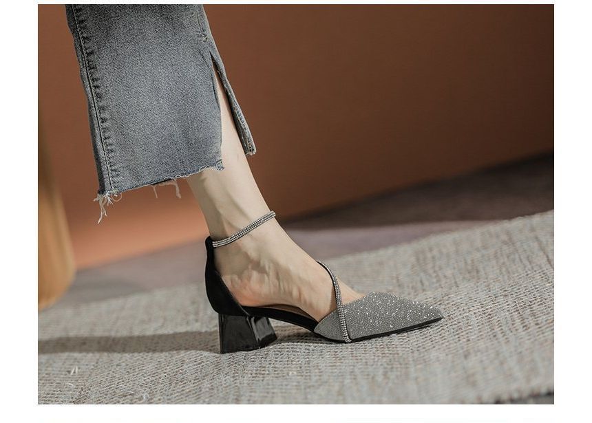 Rhinestone Block Sandals Pointy Heel