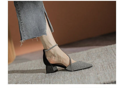 Rhinestone Block Sandals Pointy Heel