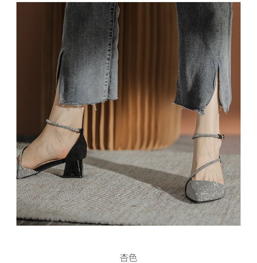 Rhinestone Block Sandals Pointy Heel