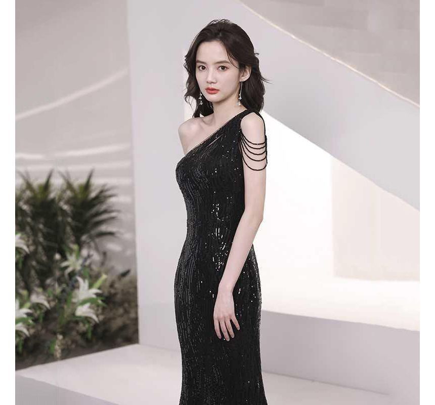 Evening Sleeveless Maxi One-Shoulder Sequin Mermaid Dress