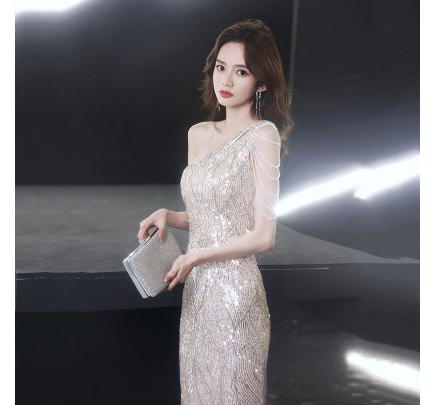 Evening Sleeveless Maxi One-Shoulder Sequin Mermaid Dress