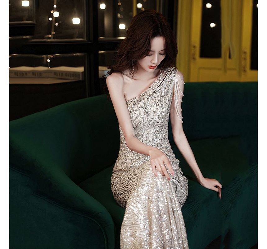 Evening Sleeveless Maxi One-Shoulder Sequin Mermaid Dress