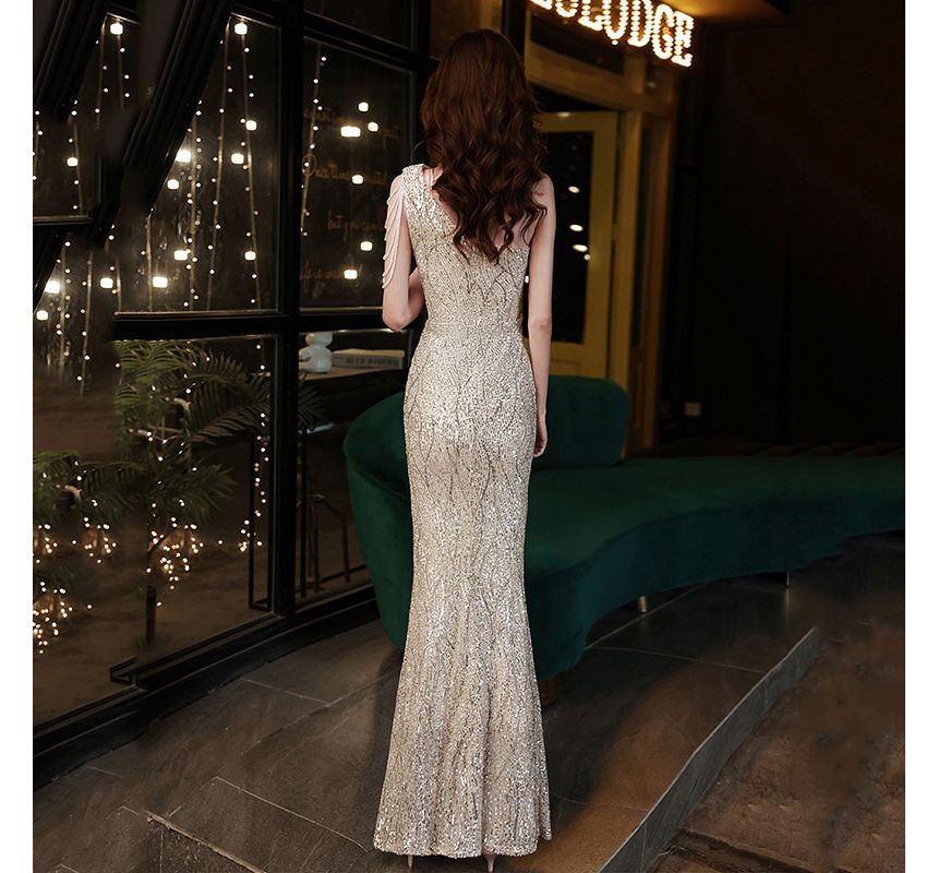 Evening Sleeveless Maxi One-Shoulder Sequin Mermaid Dress