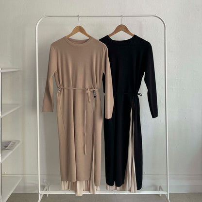 Mock Two-Piece Long-Sleeve Pleated Panel Midi A-Line Knit Dress