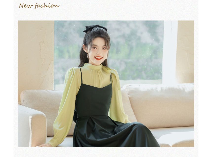 Set: Mock Neck Plain Bow Blouse + Midi Dungaree Dress