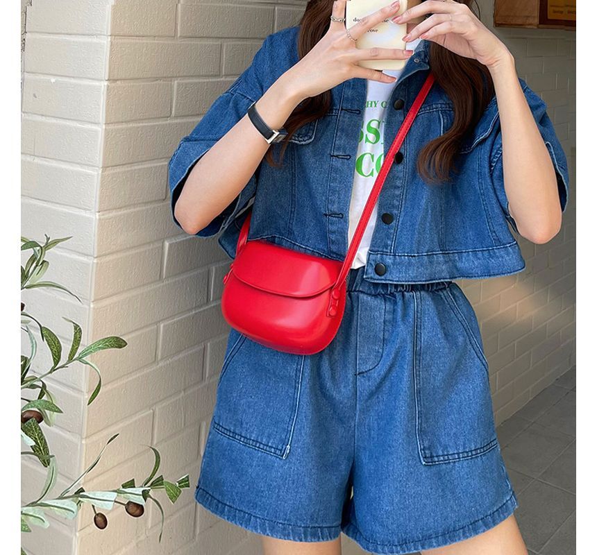 Flap Leather Buckled Faux Crossbody Bag