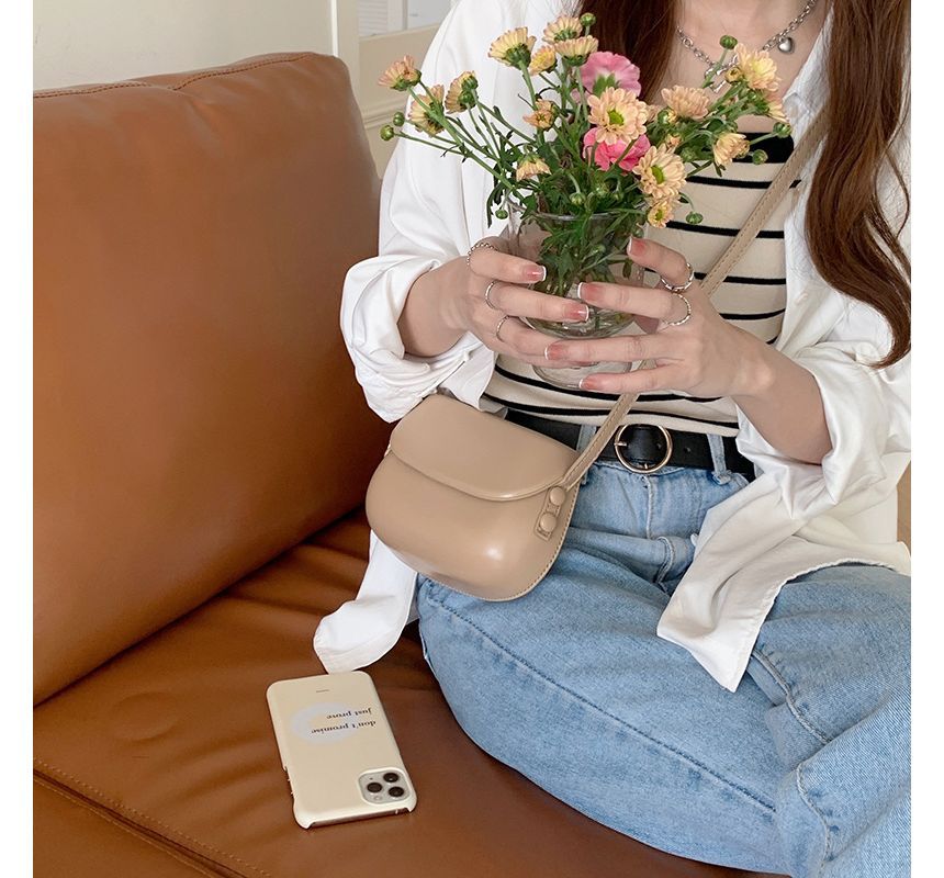 Flap Leather Buckled Faux Crossbody Bag