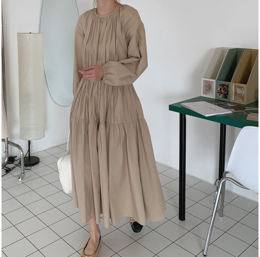 Long-Sleeve Crew Neck Plain Tiered Midi A-Line Dress