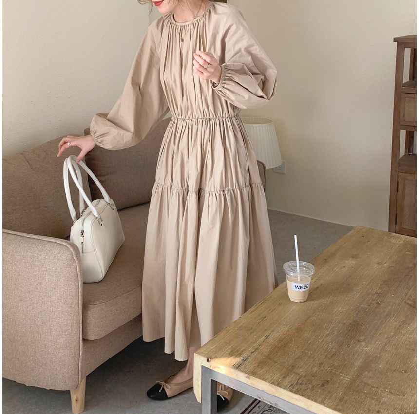 Long-Sleeve Crew Neck Plain Tiered Midi A-Line Dress