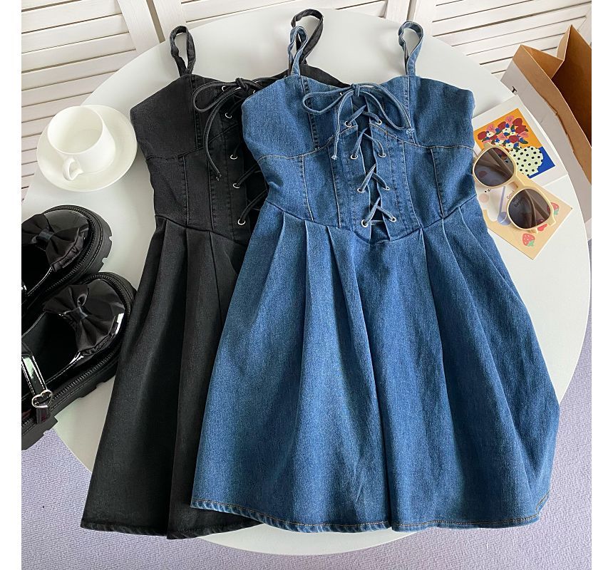 Spaghetti Strap Plain Lace-Up Denim Mini A-Line Dress