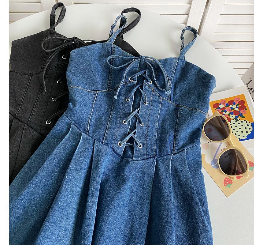 Spaghetti Strap Plain Lace-Up Denim Mini A-Line Dress