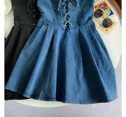 Spaghetti Strap Plain Lace-Up Denim Mini A-Line Dress