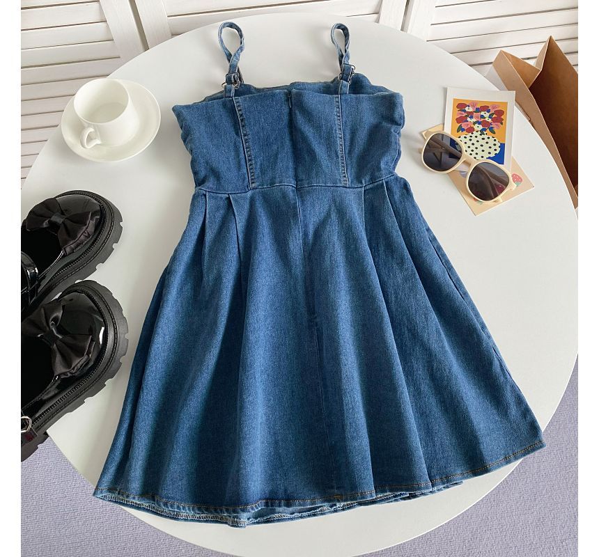 Spaghetti Strap Plain Lace-Up Denim Mini A-Line Dress