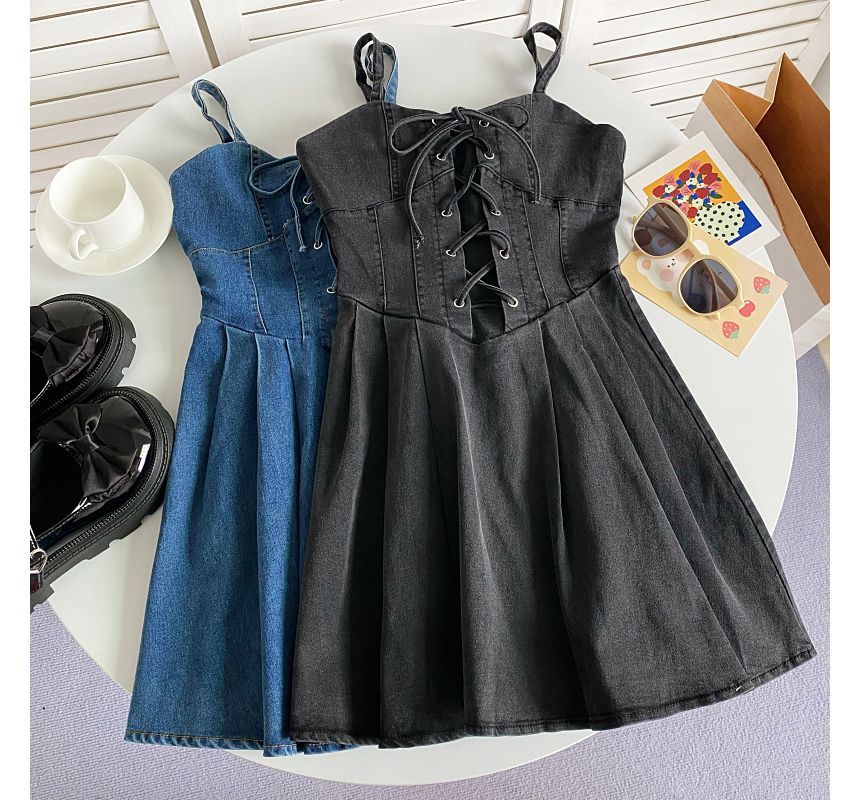 Spaghetti Strap Plain Lace-Up Denim Mini A-Line Dress