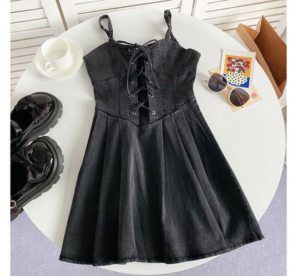 Spaghetti Strap Plain Lace-Up Denim Mini A-Line Dress