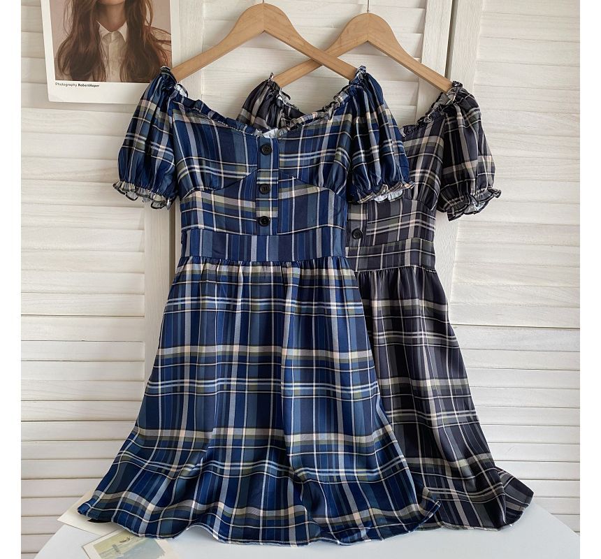 Short-Sleeve Off-Shoulder Plaid Mini A-Line Dress