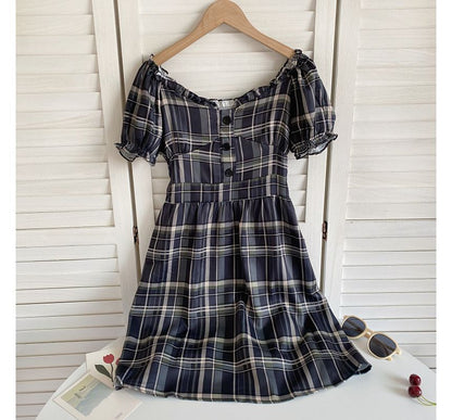 Short-Sleeve Off-Shoulder Plaid Mini A-Line Dress