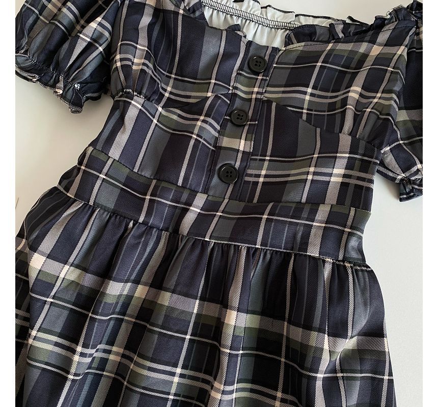 Short-Sleeve Off-Shoulder Plaid Mini A-Line Dress