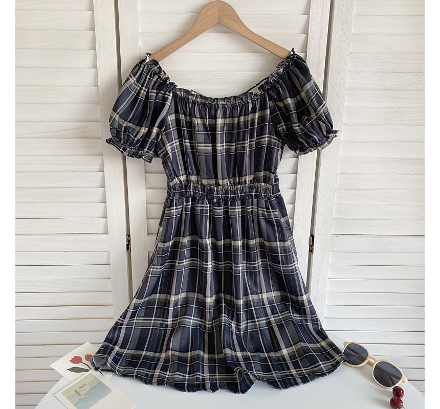 Short-Sleeve Off-Shoulder Plaid Mini A-Line Dress