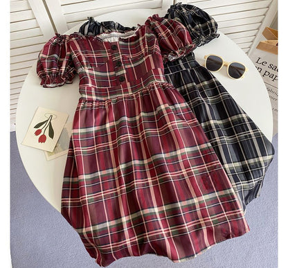 Short-Sleeve Off-Shoulder Plaid Mini A-Line Dress